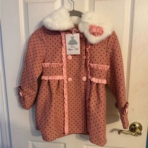 Pink Polka Dot Coat with White Fur Collar
